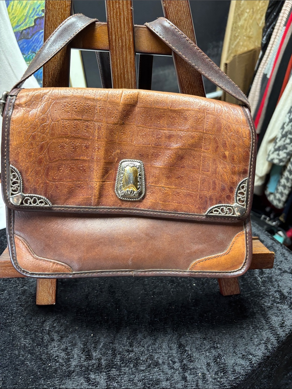 Men's Brown Leather Messenger Bag with Decorative Metal Accents